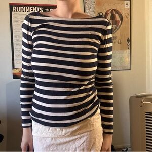 GAP Navy and White Striped Long-Sleeve Boatneck Top